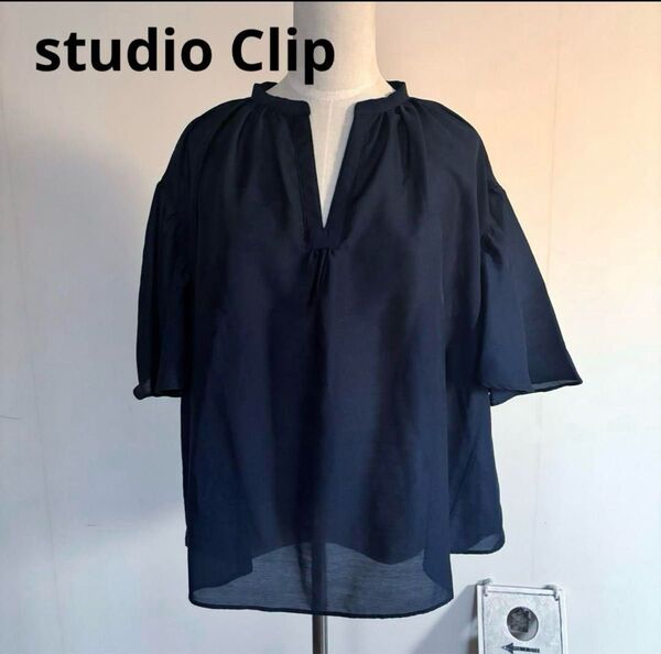 studio clip シフォンボイルギャザーブラウス スタディオクリップ ネイビー シャツ 半袖 プルオーバー