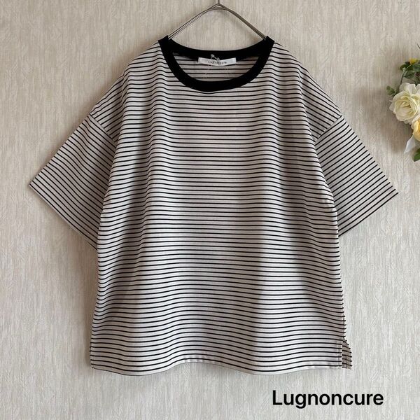 新品 【接触冷感】細ボーダーTシャツ 配色ネックTシャツ ルノンキュール