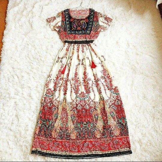 【ハンドメイド】アジアン エスニック ペイズリー 総柄 ワンピース ウエストゴム 紐 リボン タッセル 刺繍 S