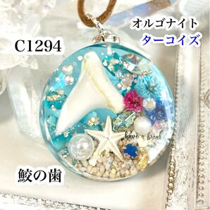 【C1294】レジンネックレス 天然石 ペンダント オルゴナイト サメの歯 海