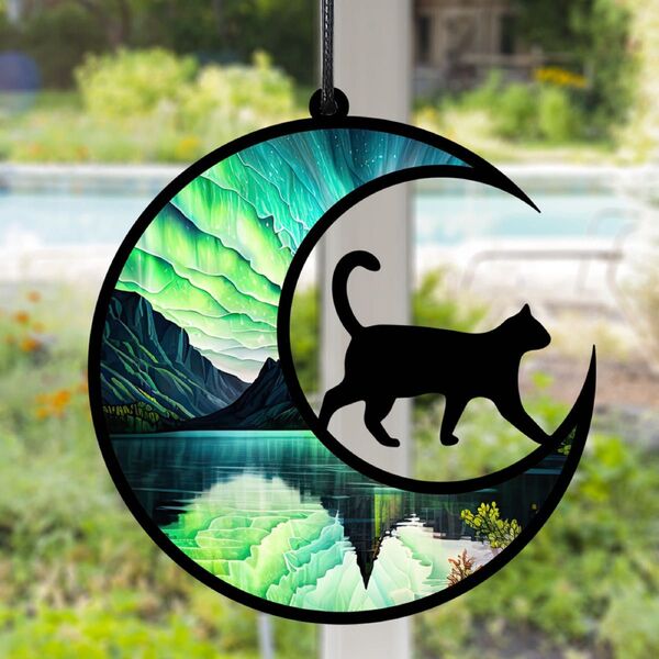 サンキャッチャー 壁掛け飾り ステンドグラス 黒猫 月 インテリア 看板 5