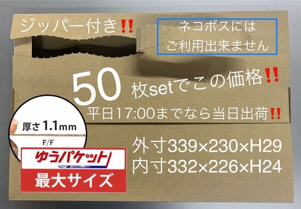 ●50枚セット●ジッパー付き段ボール箱 ●ゆうパケット最大●A4スッポリサイズ●【平日17時までなら当日出荷】