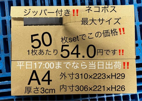 ★50枚セット★ジッパー付きダンボール箱★ネコポス最大 3cm a4【平日17:00までなら当日出荷】