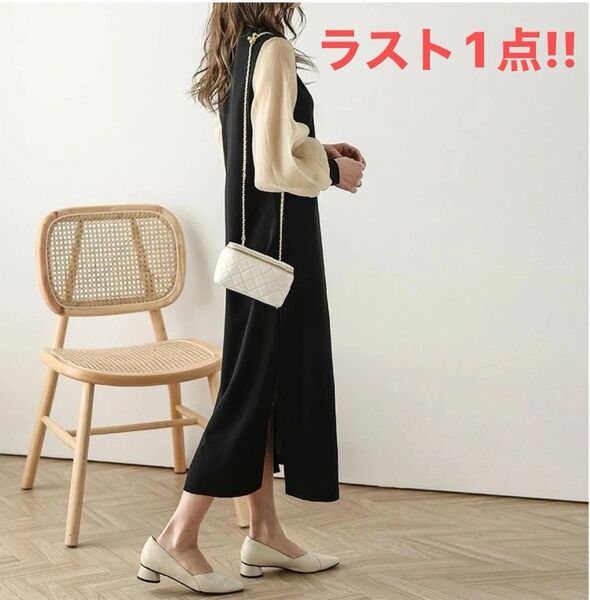 【お呼ばれドレス】異素材 シアースリーブ ボリューム袖 ワンピース Vネック Iライン シフォンスリーブ パーティードレス 二次会