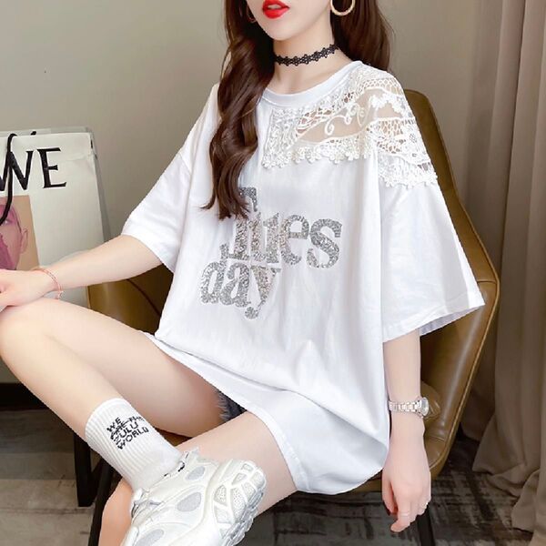 半袖Tシャツ スパンコール レース ロゴ ゆったり 体型カバー 部屋着 ルームウェア カットソー 白 ブラック 黒 ホワイト
