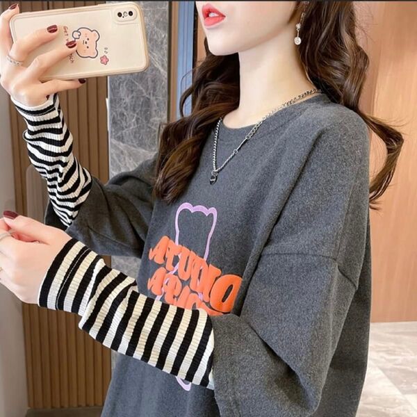 重ね着風 長袖Tシャツ 透け感あり ロゴ くま プリント ボーダー ゆるTシャツ 袖リブ tシャツ カットソーロンT ゆったり