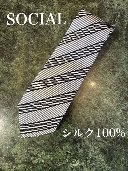 値下げ★SOCIAL 斜めストライプネクタイ ブラック×ホワイト シルバー シルク絹100