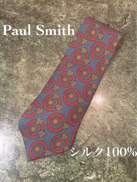 Paul Smith シルク100% ネクタイ 円形模様 ネイビー×赤 ポールスミス 総柄 ブランドネクタイ