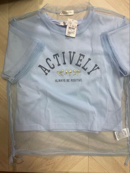 ガールズ 半袖 Tシャツ 150 女の子 トップス リボン レース 新品 水色 サックス
