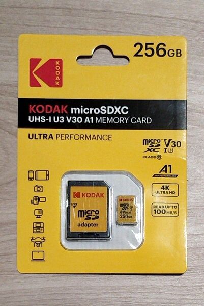 新品未使用 Kodak microSDXC 256GB UHS-I U3V30 A1 アダプター付属 マイクロSDメモリーカード
