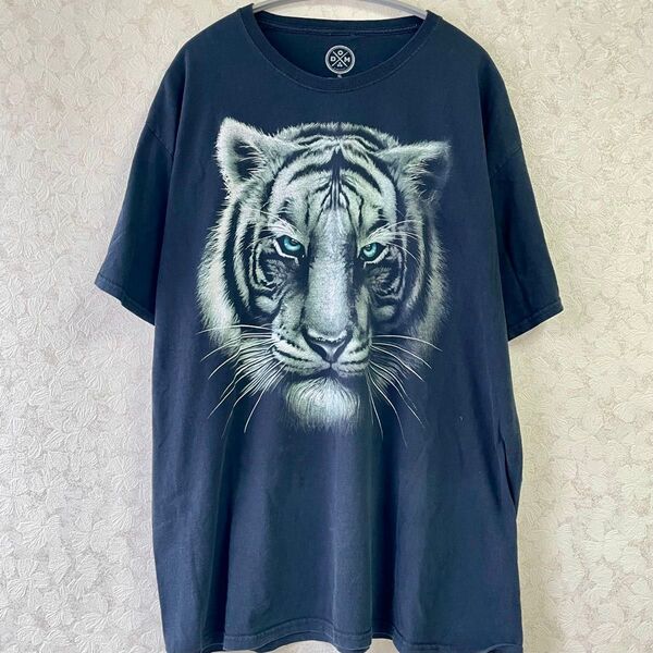 DOM ホワイトタイガー アニマルプリント Tシャツ ネイビー XL 古着
