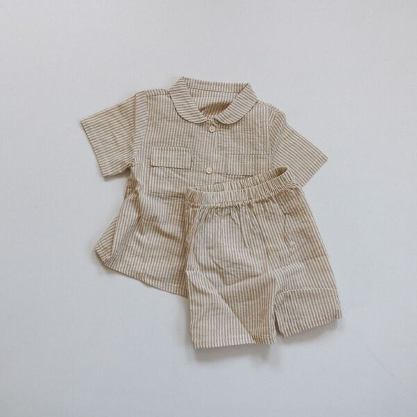ストライプシャツセットアップ 女の子 男の子 セットアップ Tシャツ シャツ トップス 半袖 子供服 子供 キッズ 夏韓国子供服
