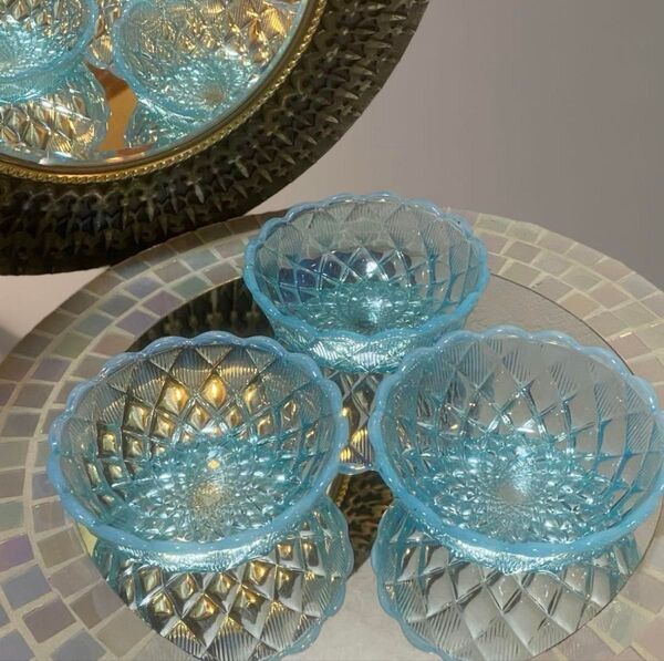 【2皿セット】明治~大正期 ブルー 切子 ウランガラス 氷カップ 氷コップ 和ガラス レトロ ガラス 小鉢 デザート皿 食器