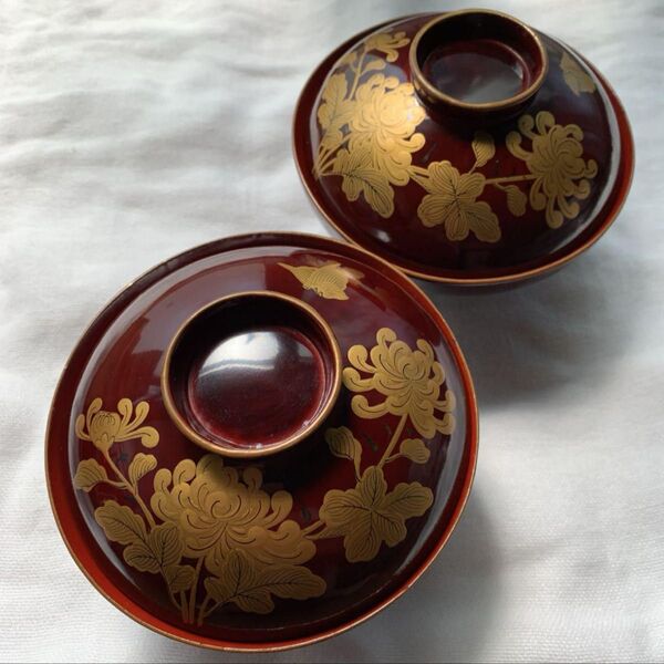 骨董 アンティーク レトロ 木製 蒔絵 お椀 蓋付 朱塗 漆器 2客 金蒔絵 吸物椀 漆器 蒔絵 木製漆器 汁椀 和食器 輪島塗