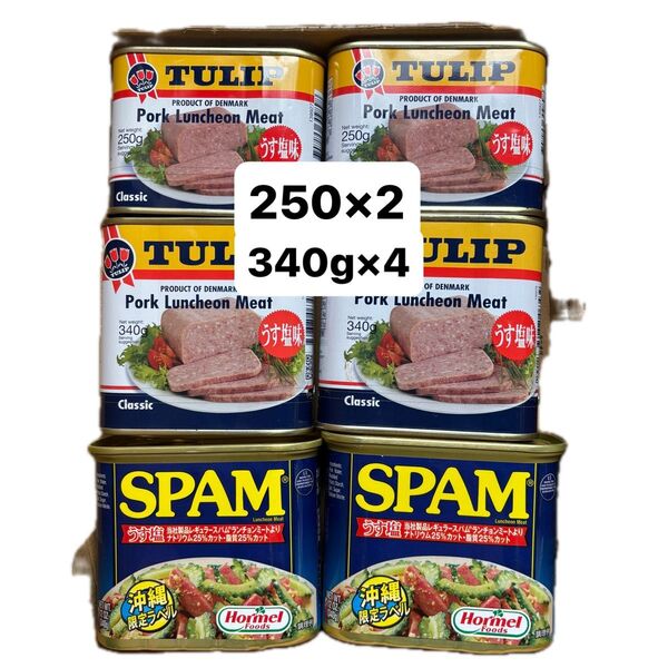 スパム TULIP 計6缶 ポークランチョンミート 250g 340g うす塩味 ポークたまご チャンプルー 非常食 保存食