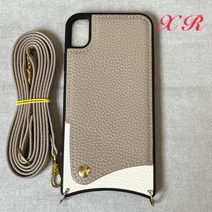 iPhoneXRケースショルダー レザー風 グレー×ホワイト 肩がけ 斜めがけ カード収納 お洒落 可愛い スマホカバー