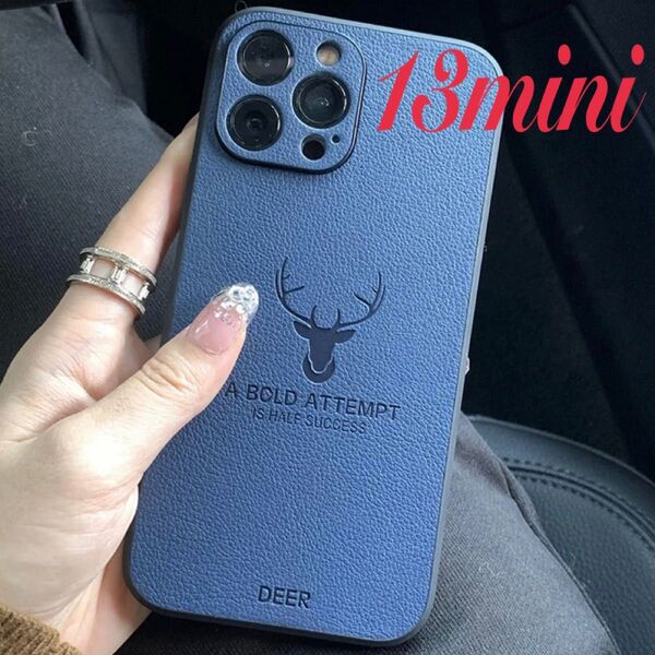 高品質 iPhone13miniケース レザーカバー ブルー ネイビー 鹿 耐衝撃 スマホケース ストラップホール付
