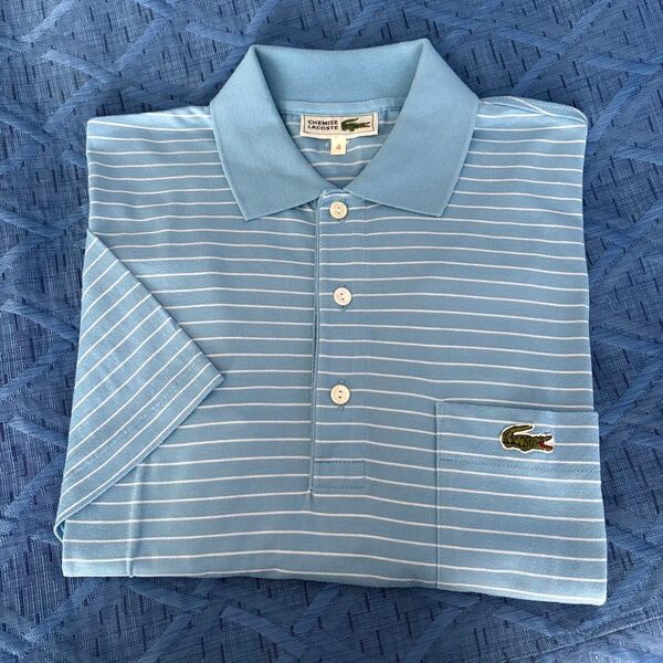 LACOSTE ポロシャツ ストライプ柄 ワニロゴ 水色×白