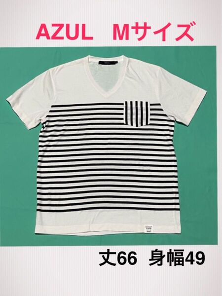 AZUL by moussy レディース Mサイズ ボーダー 半袖 V首Tシャツ 白黒 着丈66 身幅49