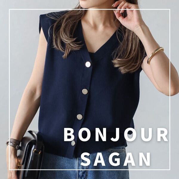 "新品・タグ付"ゴールド釦ボクシーニットベスト/BONJOUR SAGAN