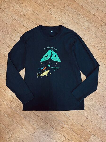 mont-bell モンベル ロンT 魚 くじら 亀柄 ロングスリーブTシャツ 黒 長袖Tシャツ カットソー 男女兼用XS