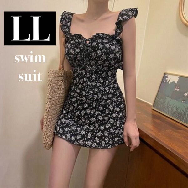 【新品】小花柄ワンピース水着 LL 2L XL プール ビーチ リゾート フリル レースアップ インナーショートパンツ 大人可愛い