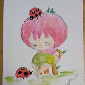 手書きイラスト プチトマトちゃんとてんとう虫