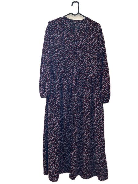 ユニクロ UNIQLO プリントVネックロングシャツワンピース M ネイビー 花柄 ワンピース