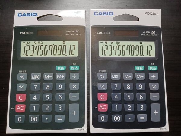 新品【2個】電卓 ソーラー 計算機 カシオ 12桁 MK-12BK-N 税率 箱入り CASIO