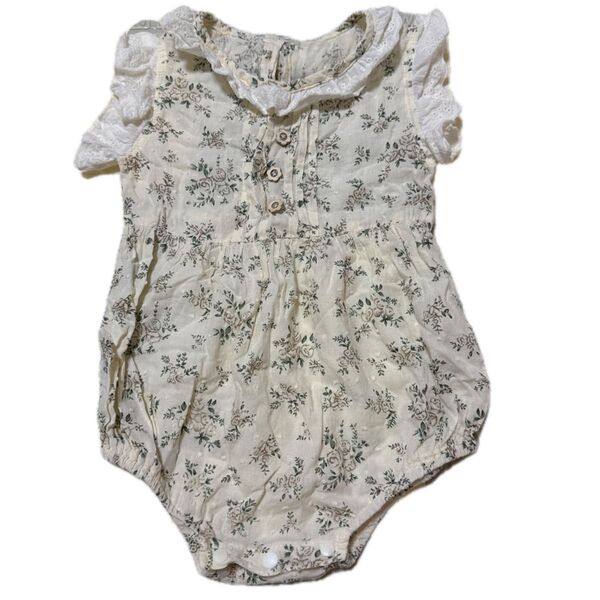 ベビー服 ロンパース 80cm 小花柄 レース ベージュ