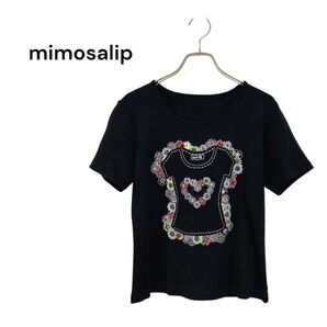 mimosalip/ミモザリップ(M〜L)花柄 ビーズ 半袖Tシャツ/黒