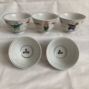 【新品未使用】九谷焼 堀江青光作 色絵唐子 波出し 湯呑 五客揃