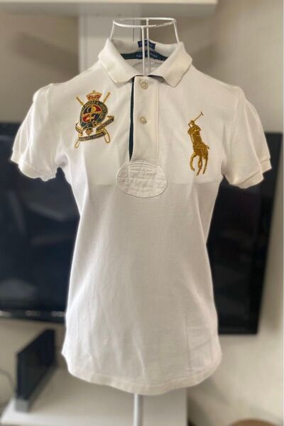 Ralph Lauren ラルフローレン ポロシャツ レディースS ビッグポニーゴールドホワイト ロゴ 刺繍