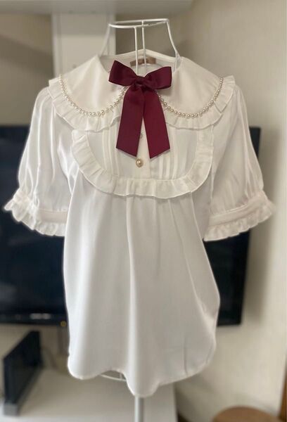美品Amavel Ribbon Ribbon パールカラーブラウス2way 半袖&長袖