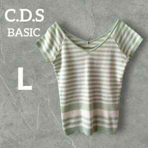 ★USED★ C.D.S BASIC 緑白ストライプ Vネック 半袖ニット ボーダーニット トップス Lサイズ 日本製