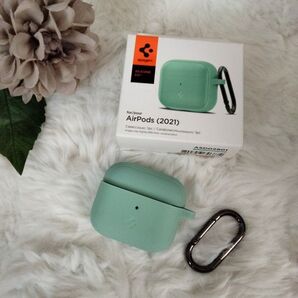★残り1点★ Airpods ケース シリコン AirPods ワイヤレス充電 対応 カラビナ リング (アップル・ミント)