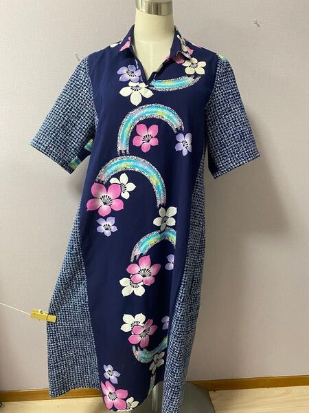 浴衣リメイクワンピース 襟付き コンビネーション 花柄 ハンドメイド