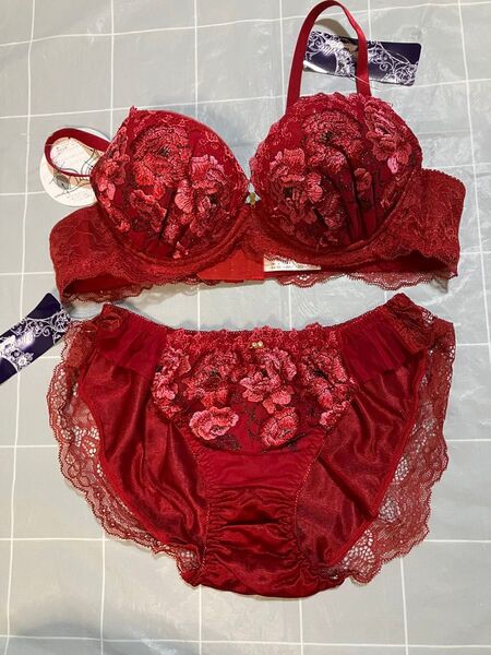 B75M ドゥレリア 花柄刺繍×レースのブラ&ショーツセット レッド