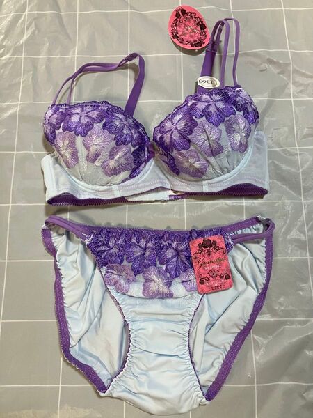D65M グラナティス 花柄刺繍のブラ&ショーツセット ブルー
