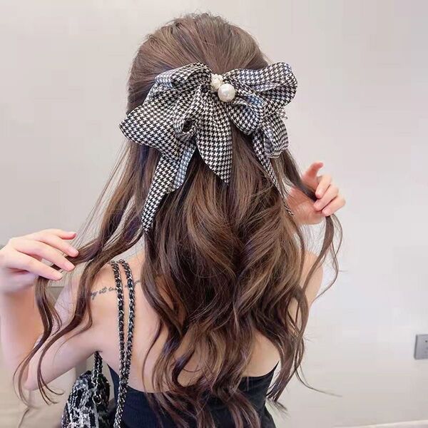 ヘアピン ヘアクリップ モノクロ リボン 韓国 バレッタ 大ぶり パール ヘアアクセサリー