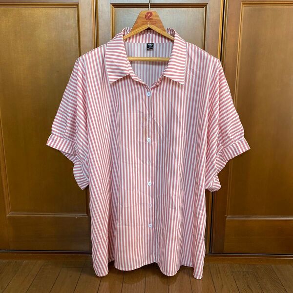 美品 SHEIN ピンク×ホワイト ストライプ柄 半袖ワイドシャツ 3XL