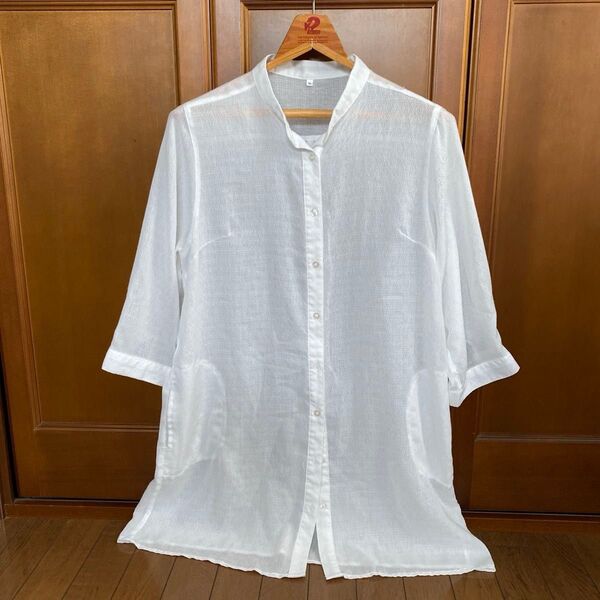 美品 ソルサ ホワイト 五分袖 ロングチュニックシャツ 4L