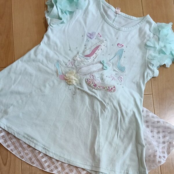 女の子 チュニック トップス 刺繍 フリル エメラルドグリーン 羽 レース 靴 ヒール柄 130