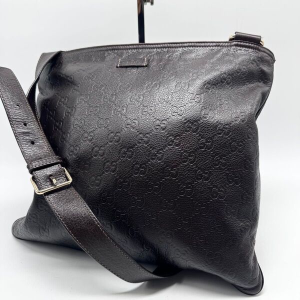 【極美品】GUCCI グッチ ショルダーバッグ シマレザー GG レザー 斜め掛け ユニセックス ダークブラウン
