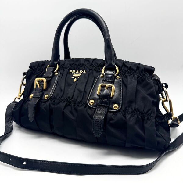 【極美品】PRADA プラダ 2way ミニボストンバッグ ハンドバッグ ギャザー ショルダーバッグ 黒