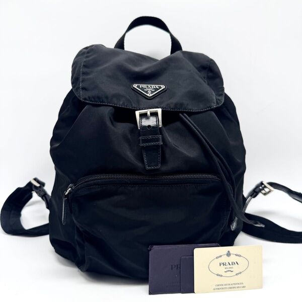【極美品・Gカード付き】PRADA プラダ リュック バッグパック 三角ロゴ 巾着 テスートナイロン レザー 黒