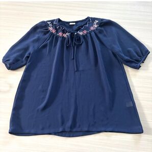 チュニック ブラウス ネイビー 日本製 ビンテージ 手刺繍 レトロ 花柄 希少 リボン