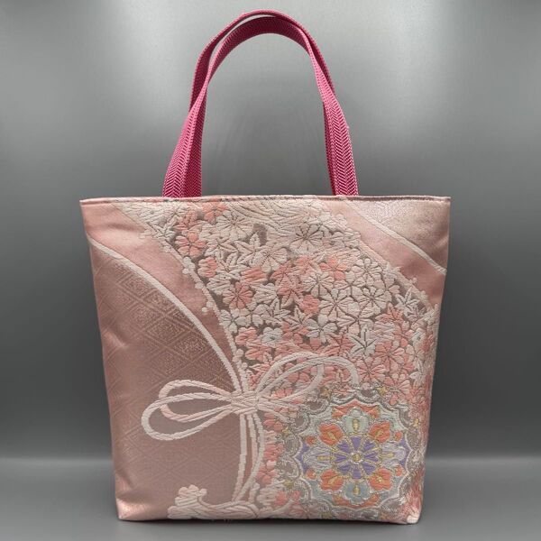 着物 帯 帯締め ハンドメイド トートバッグ リメイク ピンク 唐織 正絹