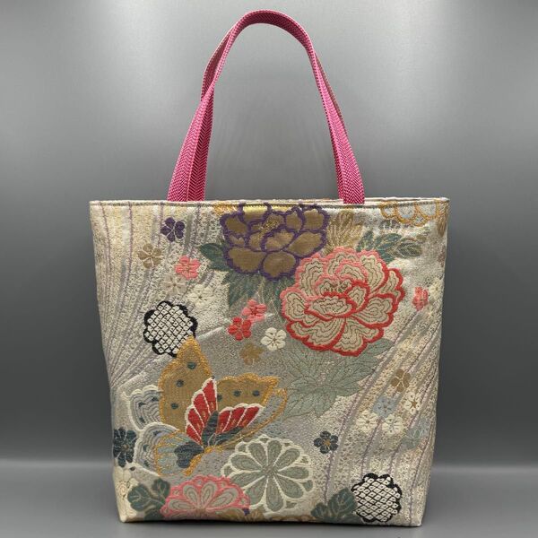 着物 帯 帯締め ハンドメイド トートバッグ リメイク ピンク 金 佐賀錦 花蝶文 正絹