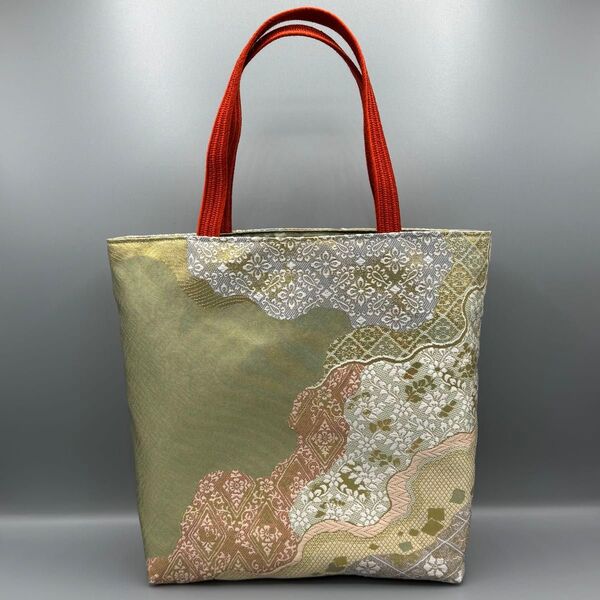 着物 帯 帯締め ハンドメイド トートバッグ リメイク 緑 金 ピンク